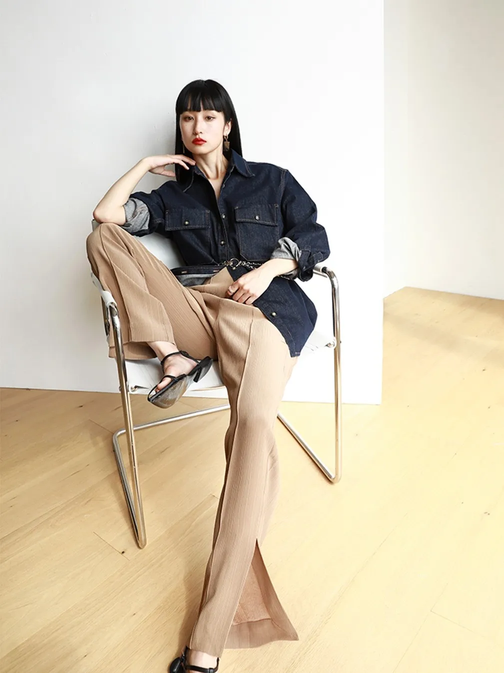 

Брюки Lemon Chen с высокой талией, прямые, в пол, простые, стройнящие, свободного кроя, из ацетата, с разрезом, повседневные