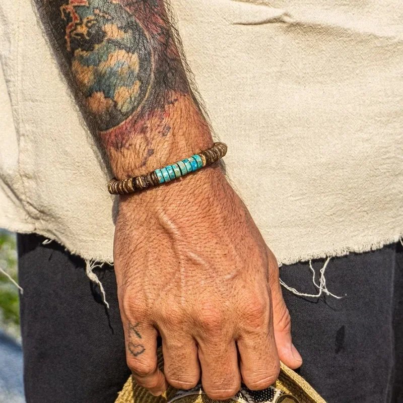 Pulsera de cuentas Heishi de madera y piedras preciosas de surfista de verano para hombre, pulsera de cuentas de jaspe imperial y coco