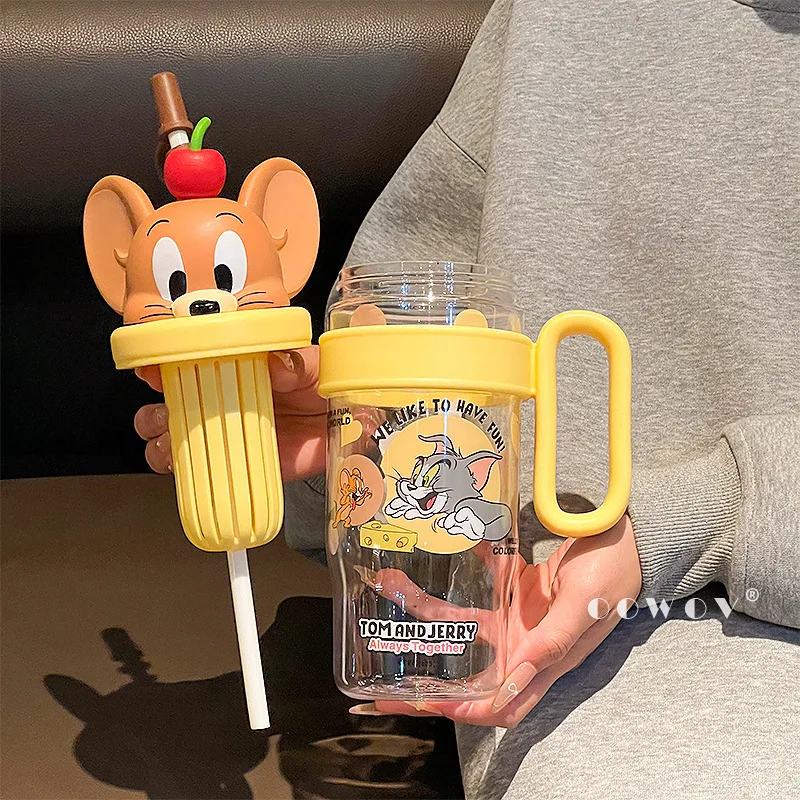 1060 مللي توم جيري سعة كبيرة في الهواء الطلق تريتان غلاية الجليد زجاجة ماء فتاة مكتب شرب كوب بقشة طالب الرياضة كوب شاي بالحليب