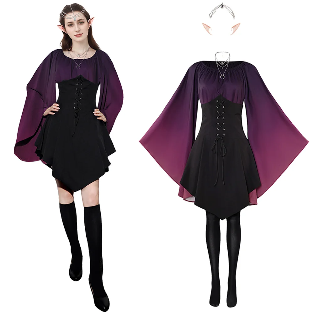 Halloween Medieval Cosplay Corset Dress Renaissance Fairy Elf Viking Cosplay Costumes Women Flare Sleeve Gown Princess Dress