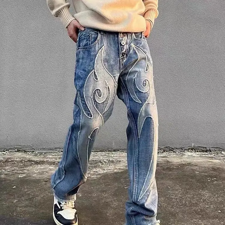 Retro High Street Quality Men Women Embroidered Washed Jeans American Patchwork Men And Women Loose Straight Pants