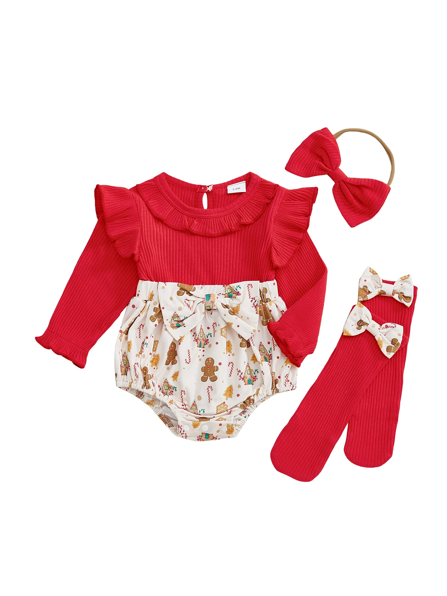 

Toddler Christmas Dress Santa Claus Print Long Sleeve Ruffle Trim Romper Bow Headband Tights Set for Baby Girl