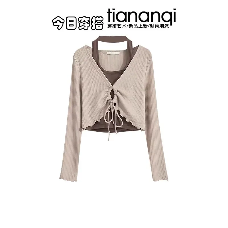 Spring and Autumn Fashion Design Sense Hanging Neck Long Sleeve Top Casual Pants American Pure Desire Style Spicy Girl Set