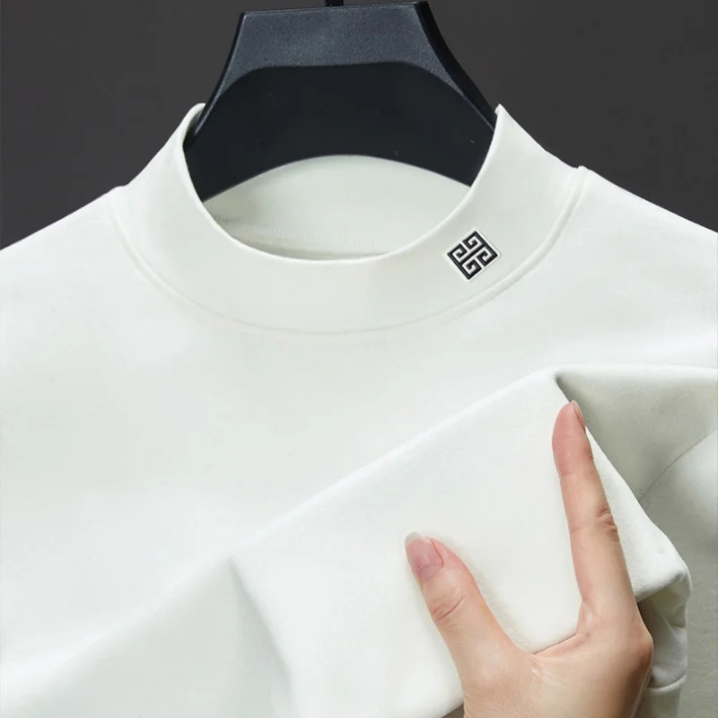 Men's Solid Color Semi High Neck Base T-Shirt Fashion Trend Autumn Winter Warmth Inner Long Sleeved Top Exquisite Men's Clothing