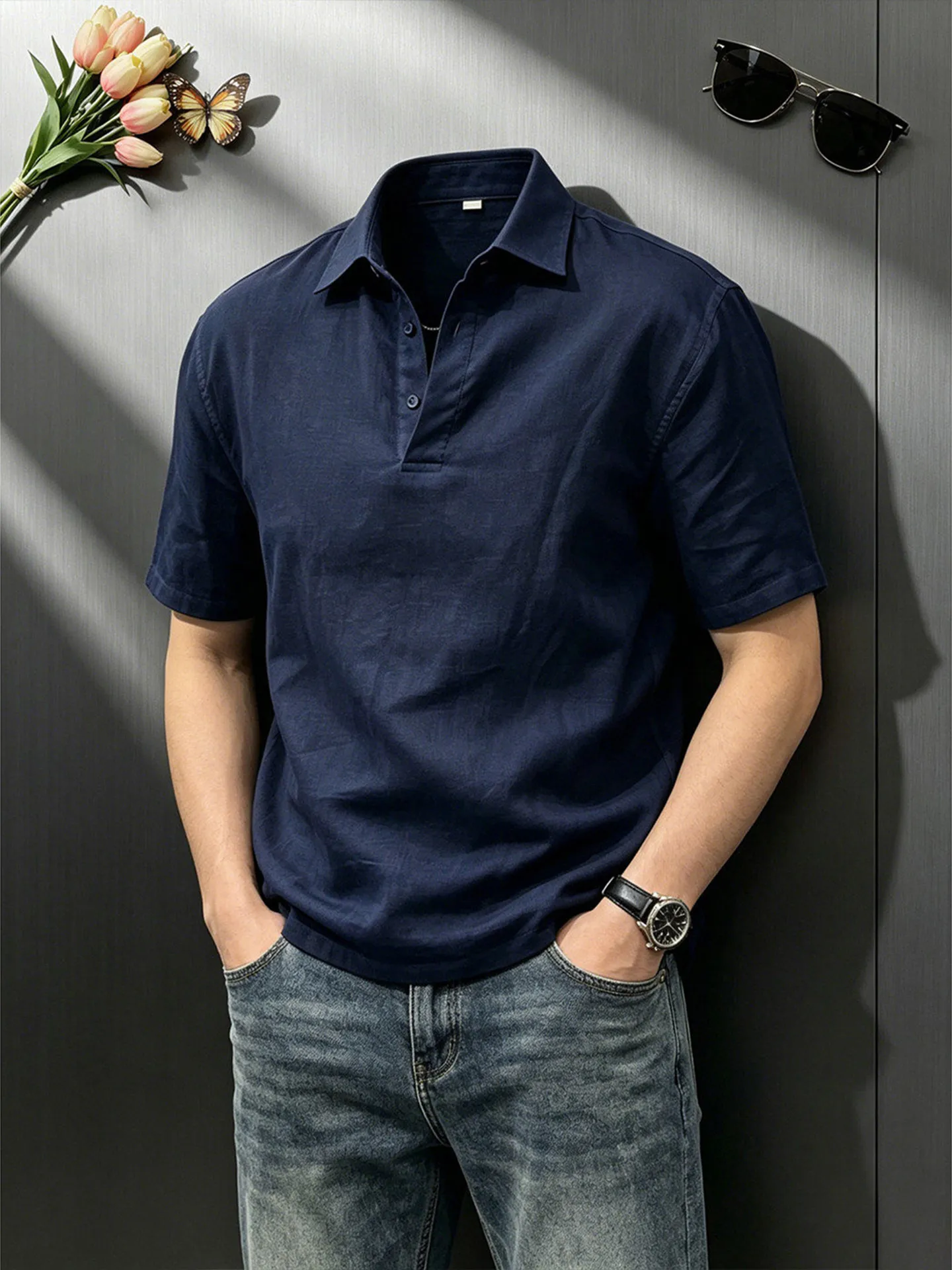 Lightweight Ice Silk Men's  Shirt Short Sleeve Linen Simulation Breathable Half Sleeve Summer Thin Sun Protection Shirt