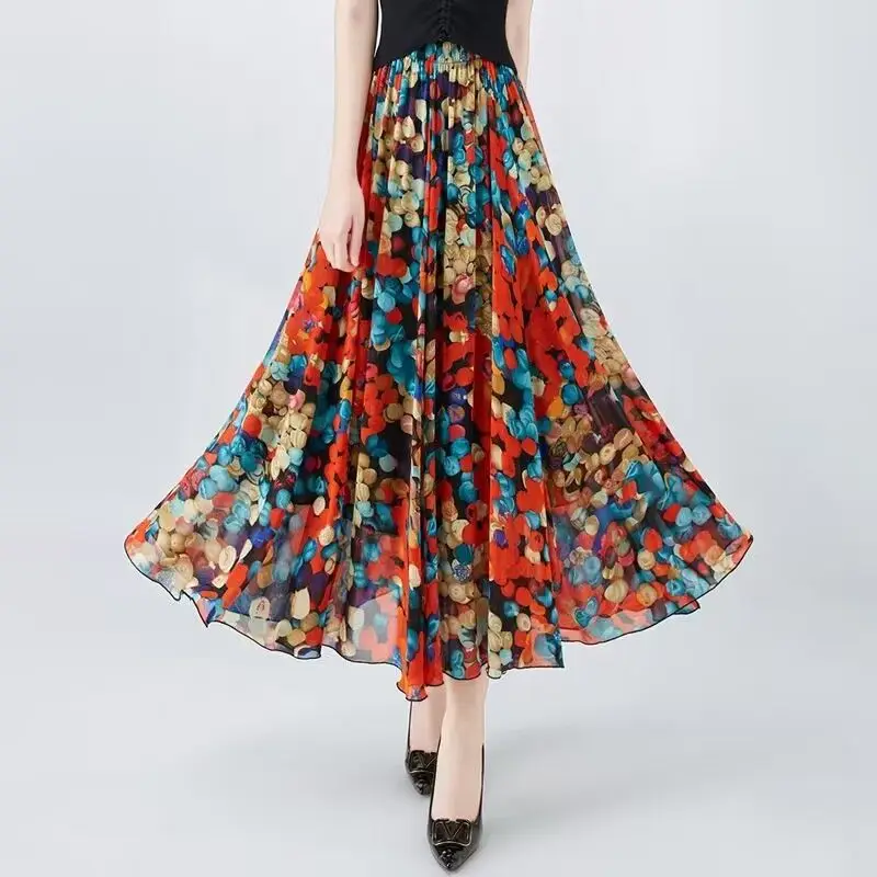 

Female Chiffon Floral Half Length Drawstring Skirt Summer Woamn Style Large Hem Printed Classic High Waisted A-line Skirt Q424