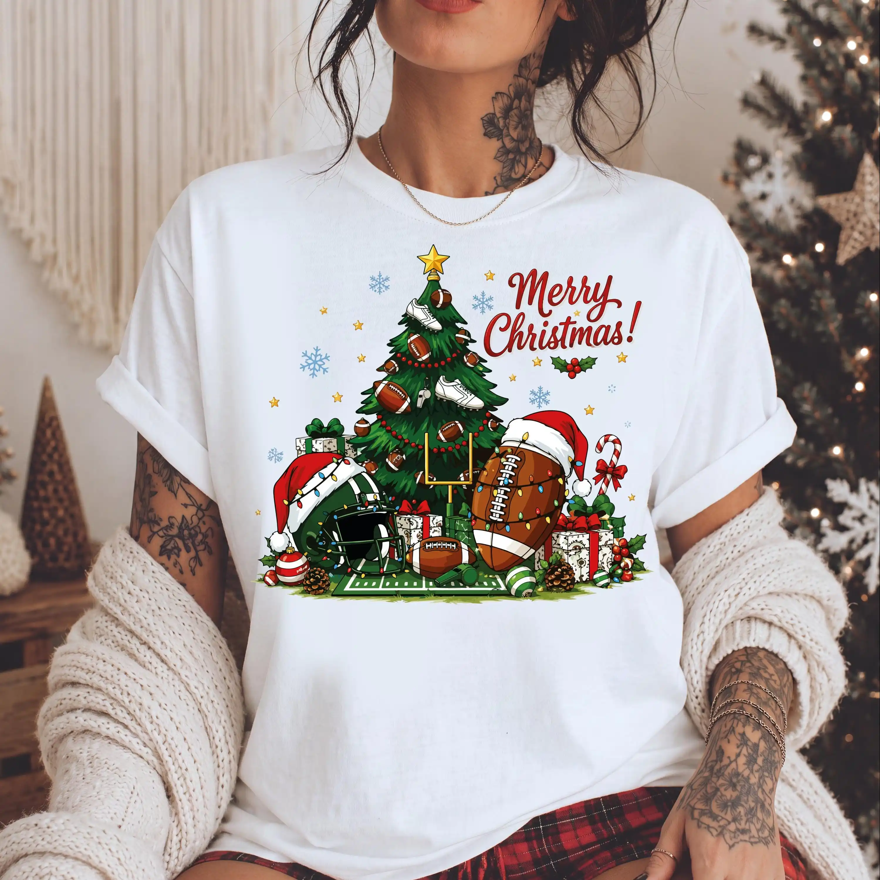 Women's Merry Christmas Football Graphic T Shirt, Christmas Tree Santa Hat Print, Casual Short Sleeve Men Tee Holiday Fan Top