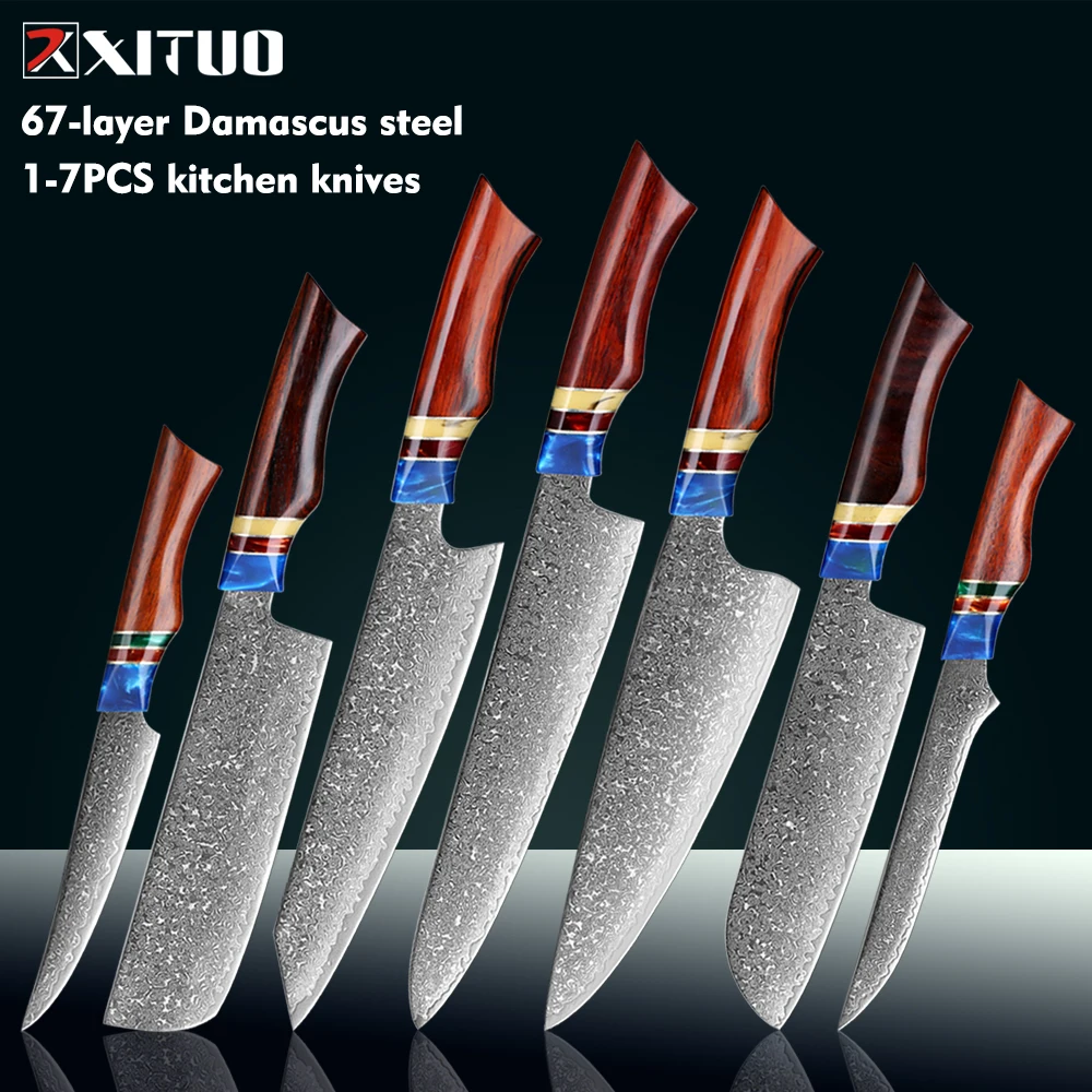 

Набор кухонных ножей XITUO из дамасской стали, 1-7 шт., нож для шеф-повара, сантоку, универсальные и ножи для мяса, рыбы, овощей