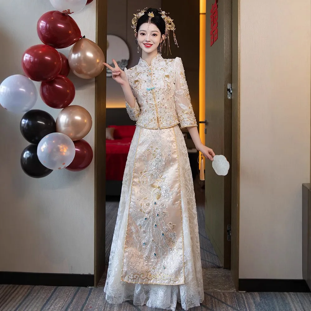 

Embroidery Chinese Traditional Dress Wedding Long Cheongsam Bridal Bride Dragon Phoenix Vintage Women китайская одежда