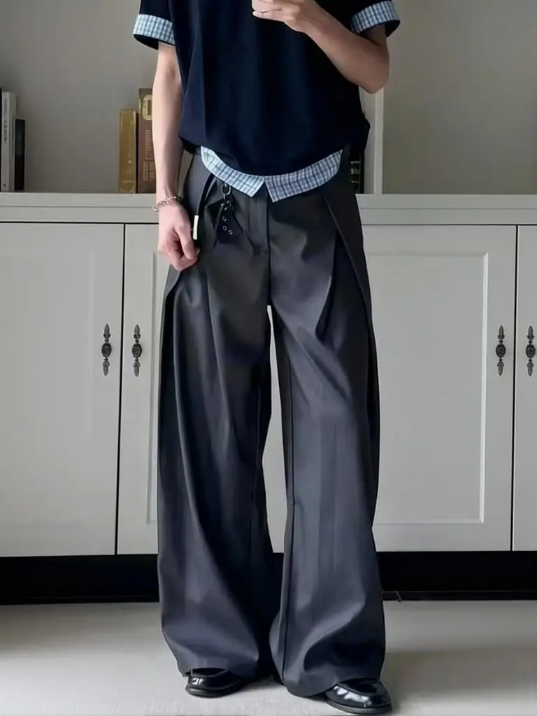 Frühling Sommer Plissierte Weite Geschwungene Hose für Herren A-Linie Maßgeschneiderte Freizeithose Streetwear Arbeitskleidung Cleanfit Business