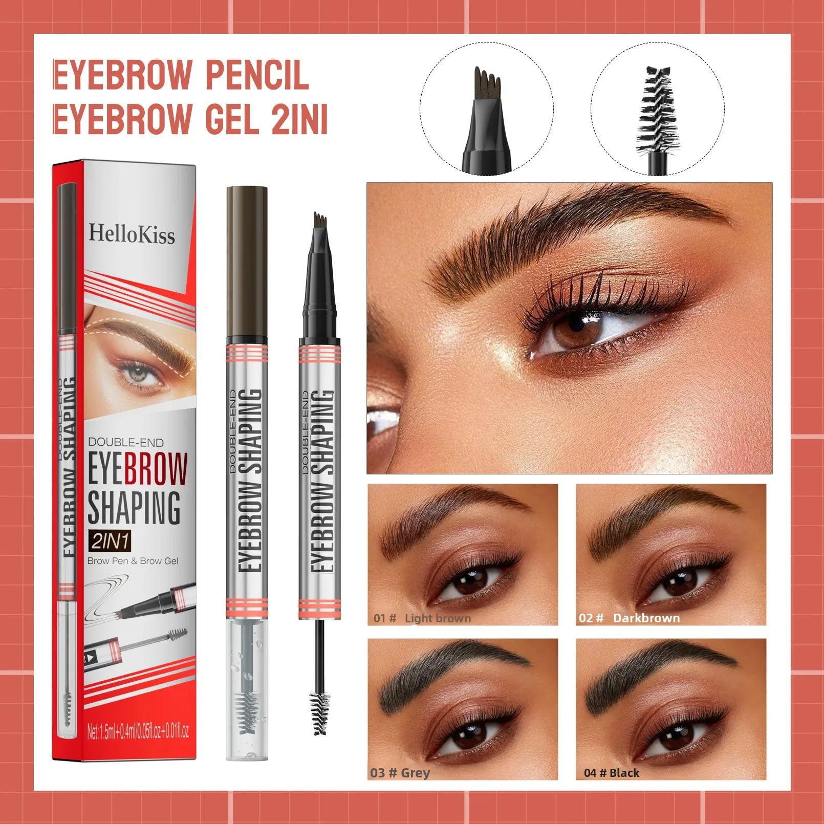 Hellokiss Double-End Liquidดินสอเขียนคิ้ว 4-Tip Head Long Lastingกันน้ําเหงื่อQuickแห้ง 2in1 Eyebrow Shaping Cream