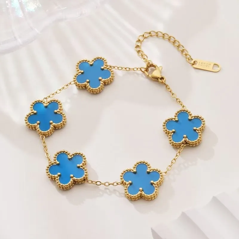18k Gold Plated Titanium Steel Bracelet Five-Leaf Clover Flower Design Luxury High-End Fashion Fadeless Adjustable Jewelry Gift
