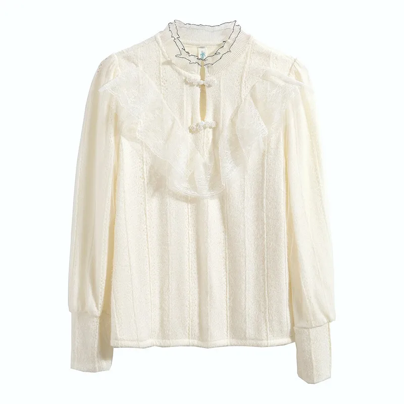 Lace Fleece Lined Thickened Women's Base Shirt Autumn Winter New Chinese Style Buttoned Hemline Elegant Small Shirt