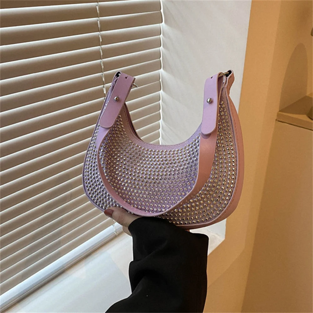 Women Underarm Shoulder Bags Fashion PU Leather Rhinestones Handbag Casual Solid Color Small Handle Bag Female Shoulder Bags