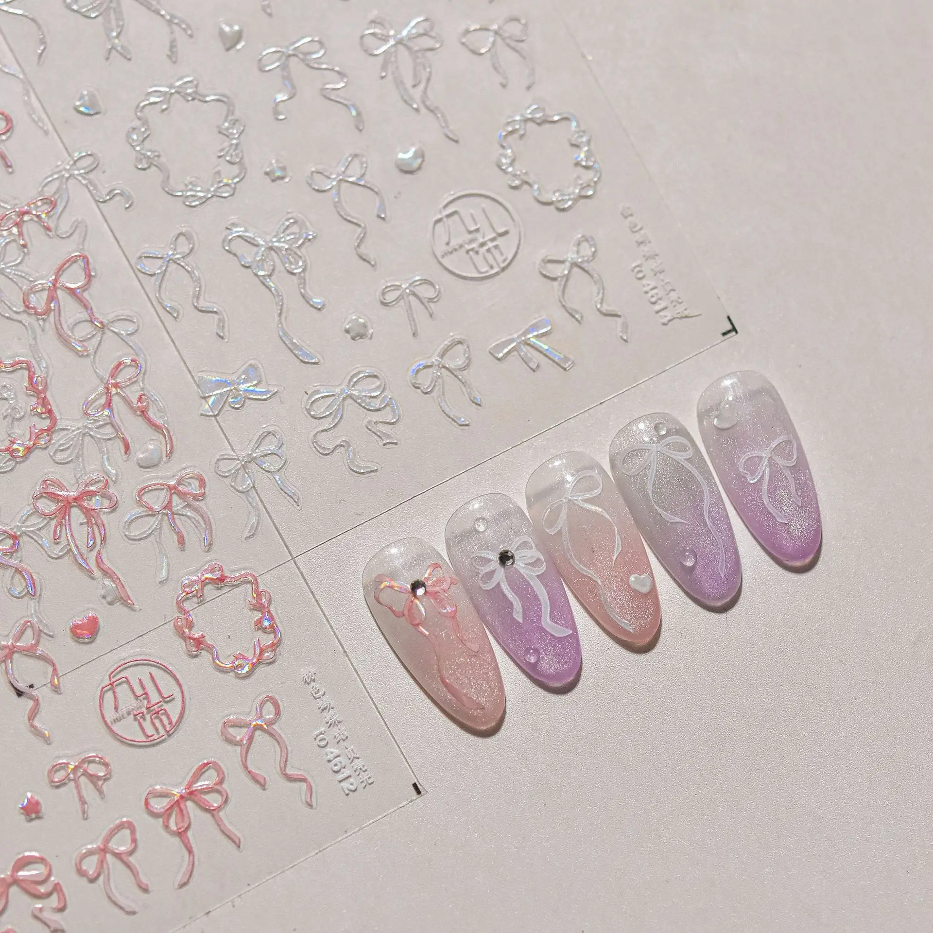Colourful Tender Bowknot Embossment Shiny Tie Delicate Elegant 3D 5D Self Adhesive Nail Art Stickers Rhinestone Manicure Decals
