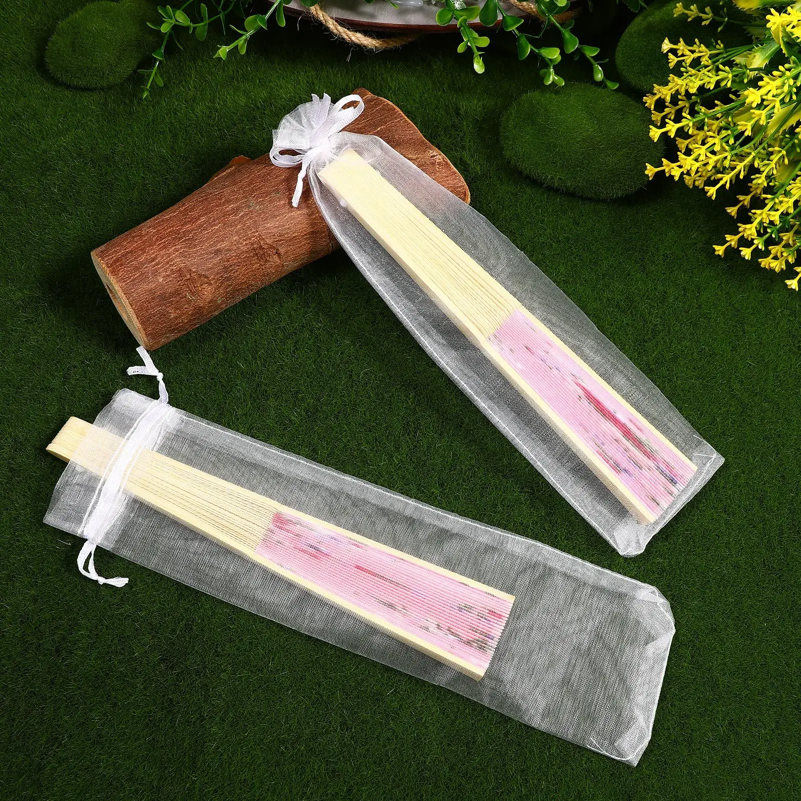 

50Pcs Yarn Bag Hand Fan Organza Drawstring Bags Handheld fan Craft pouches Souvenirs Gift Wrapping Bags Party Wedding candy Favo
