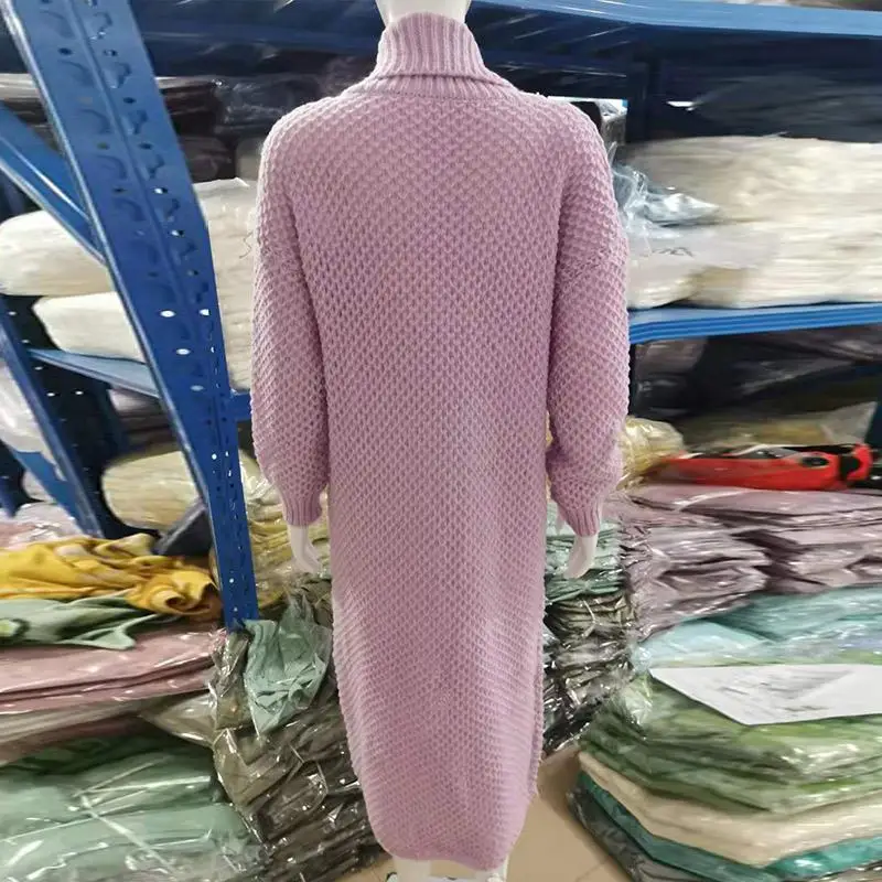 Cardigan lavorato a maglia da donna con colletto ribaltabile invernale maglione lungo tinta unita cappotto lavorato a maglia taglie forti addensato caldo vintage americano