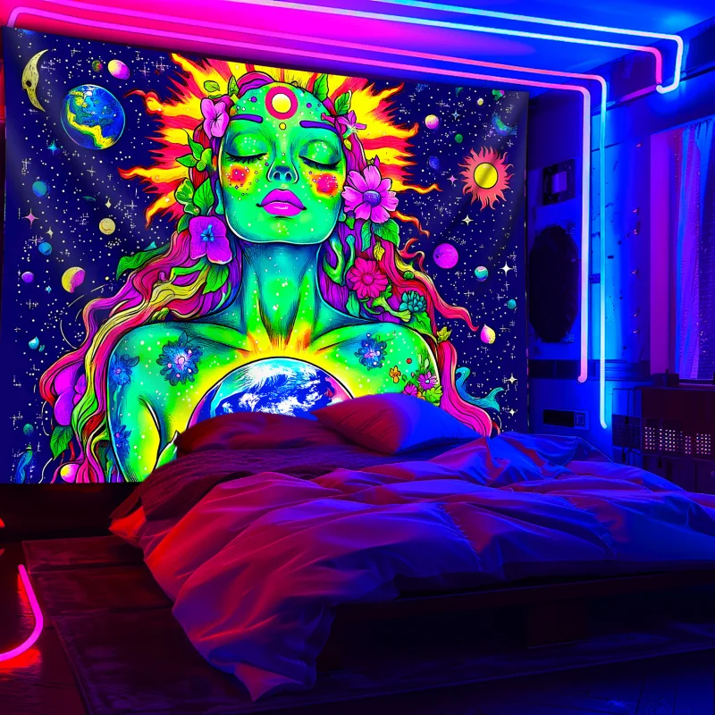 VIKAMA Neon-Themed Landscape Tapestry Of Mother Earth, Psychedelic Galaxy Fabric, Bohemian-Style Room Decoration