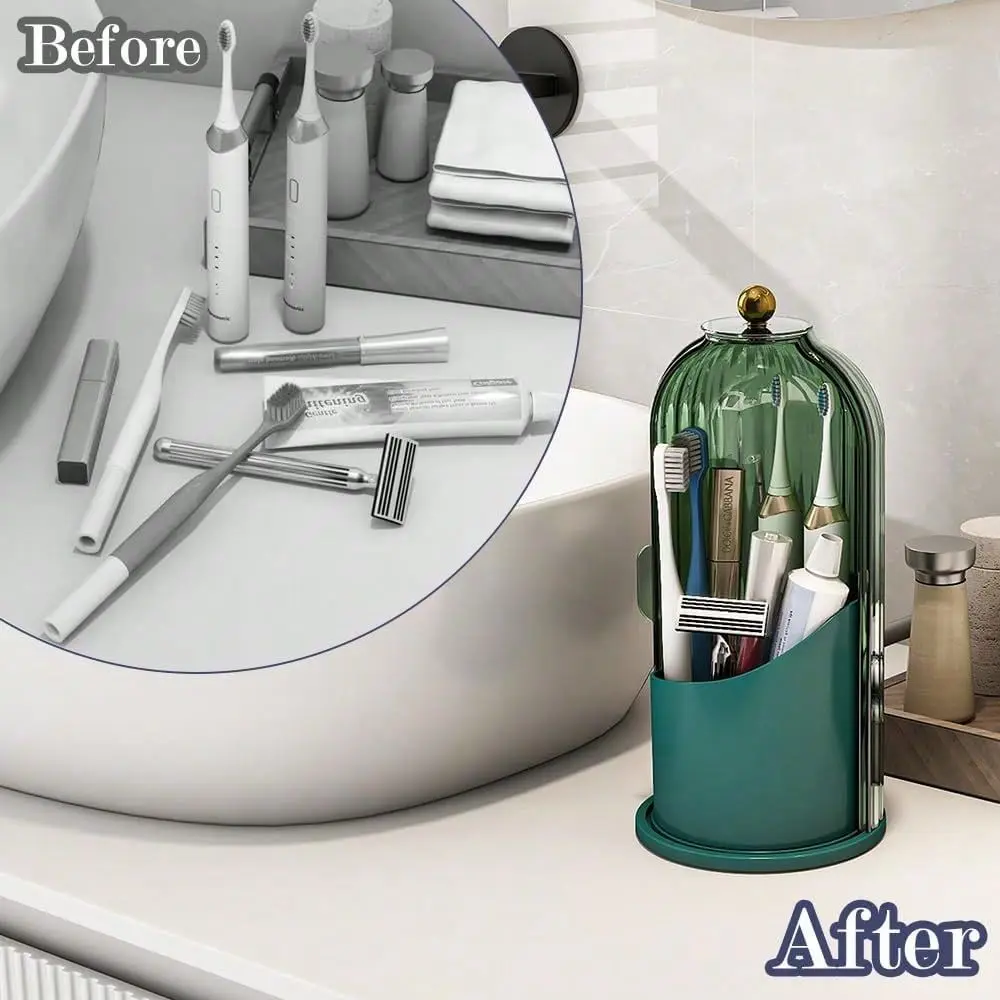 Rotating ABS Storage Box With Sliding Lid,Dustproof NonSlip Countertop Caddy,SpaceSaving Organizer For Toothbrushes,Toothpaste