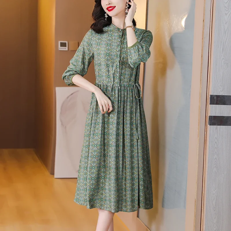 Vestido Midi plisado de seda azul con borlas para mujer, vestido informal de manga larga con cuello con volantes, vestido elegante coreano 2025