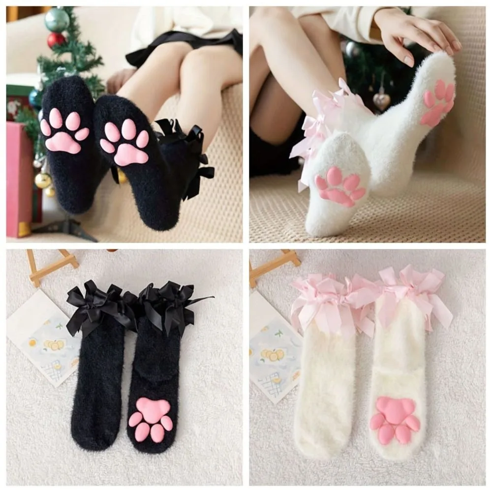 Harajuku Coral Velvet Cat Paw Plush Socks Paw Pads Kitten Claw 3D Cat Paw Socks Lolita Style Cold-proof Bowknot Warm Socks JK