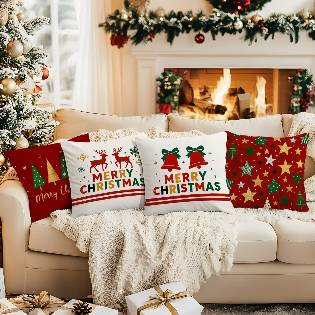 

4 шт. красные наволочки с рождественской елкой, оленями, колокольчиками и звездами, с односторонней печатью, для дома, гостиной, спальни, украшения автомобиля