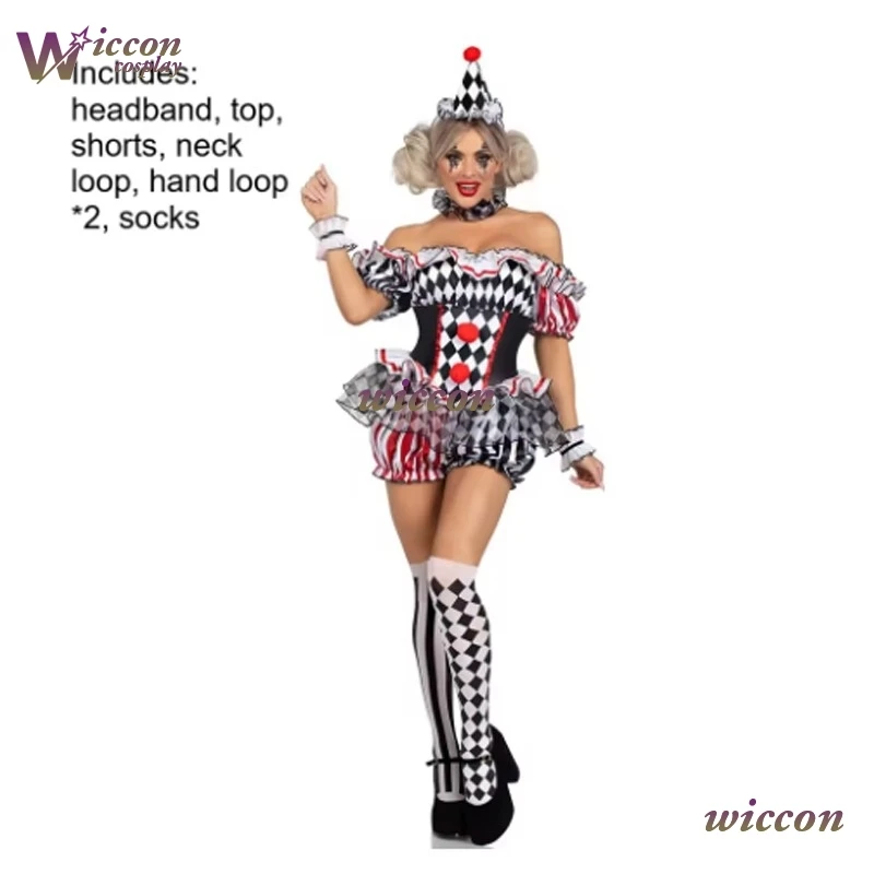 CosC Women Clown Cosplay Costume Circus Performance Outfit RolePlay Halloween Party Carnival Jester Dress Theater Stage Suit‌