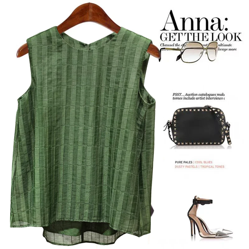 

Linen Lyocell Svel Vest круглый Ne вертикальная полоска плиссированная текстура женский летний модный топ Quali женский Clo...