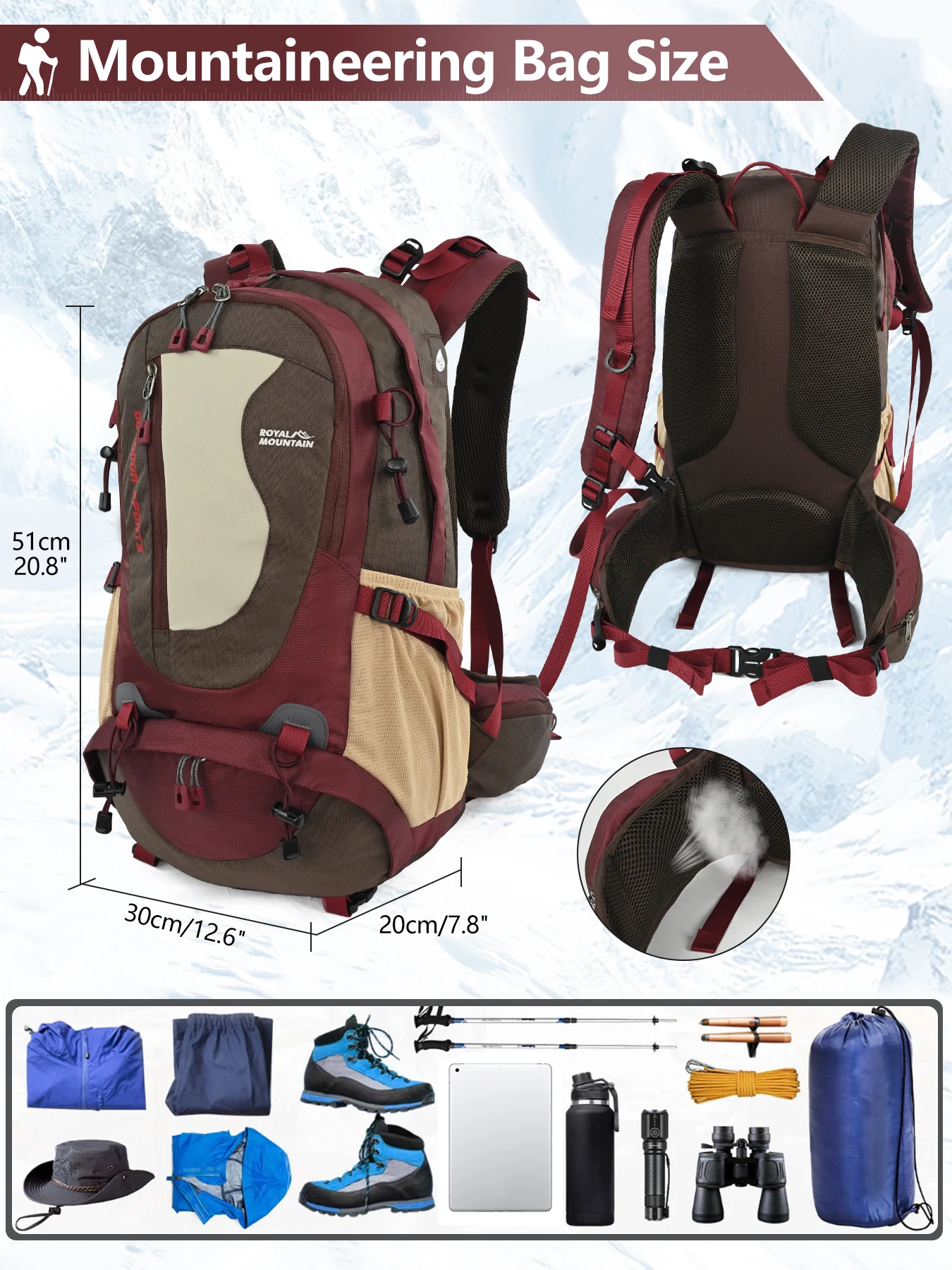 ROYAL MOUNTAIN 35L Wander- & Alltagsrucksack mit Schuhfach, mehreren Taschen, Hüfttasche, Brustschnalle, wasserabweisendem Stoff – Detail 2