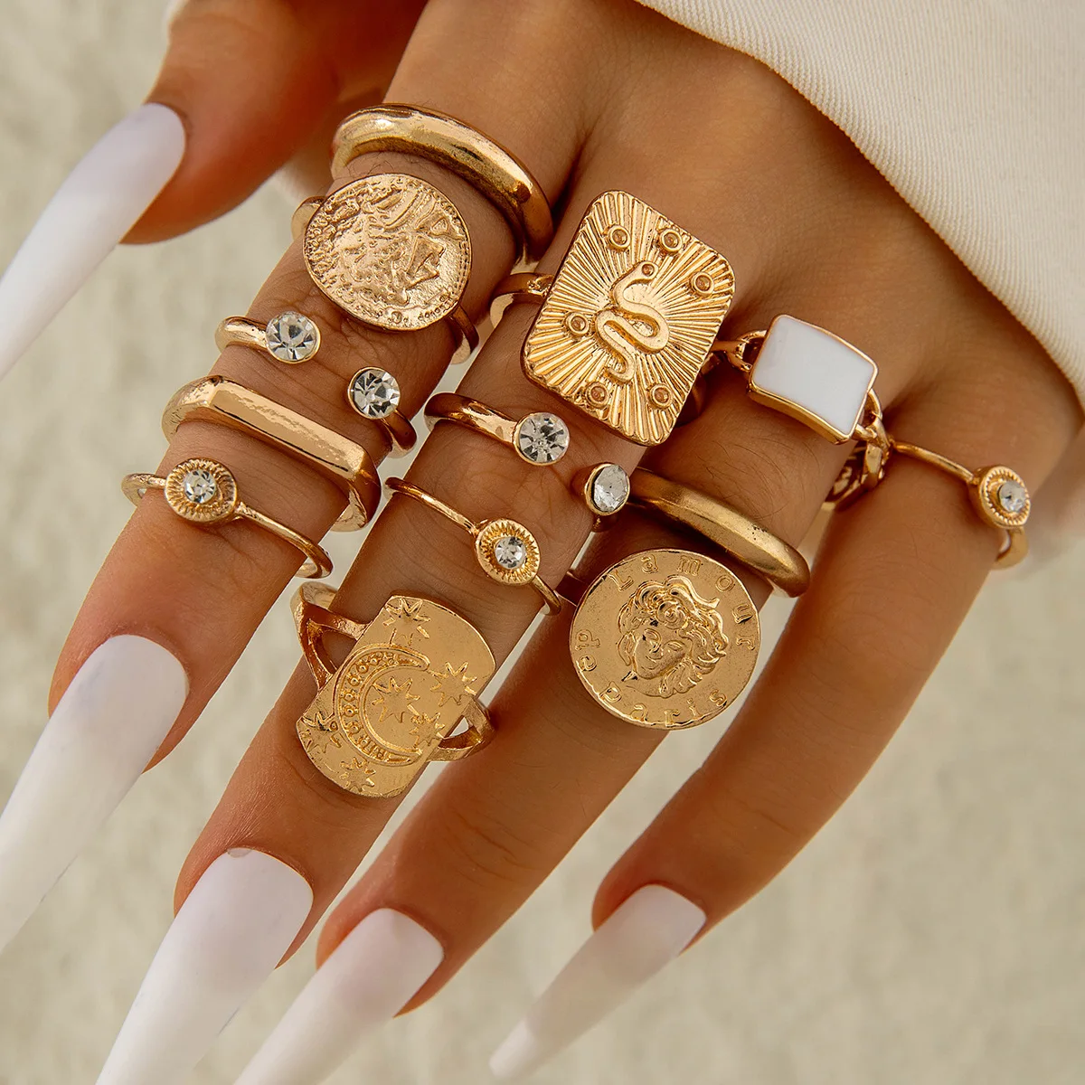 13 قطعة/المجموعة الهيب هوب الشرير غير النظامية المعادن افتتاح خواتم النساء خمر الذهب اللون المفصل حلقة مشتركة مجوهرات الحفلات هدية ﻿