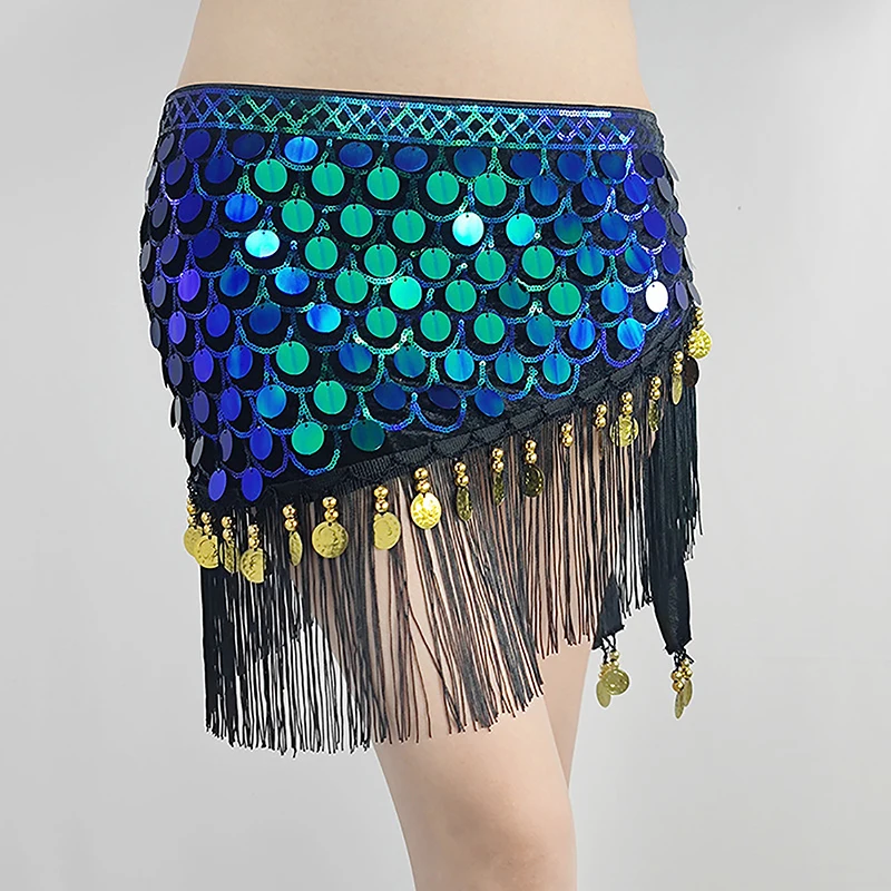 Fish Scale Tassel Beads Sequins Hip Scarf Belly Dance Practice Suit Halloween Performance Waist Belt Hip-covering Short Skirt