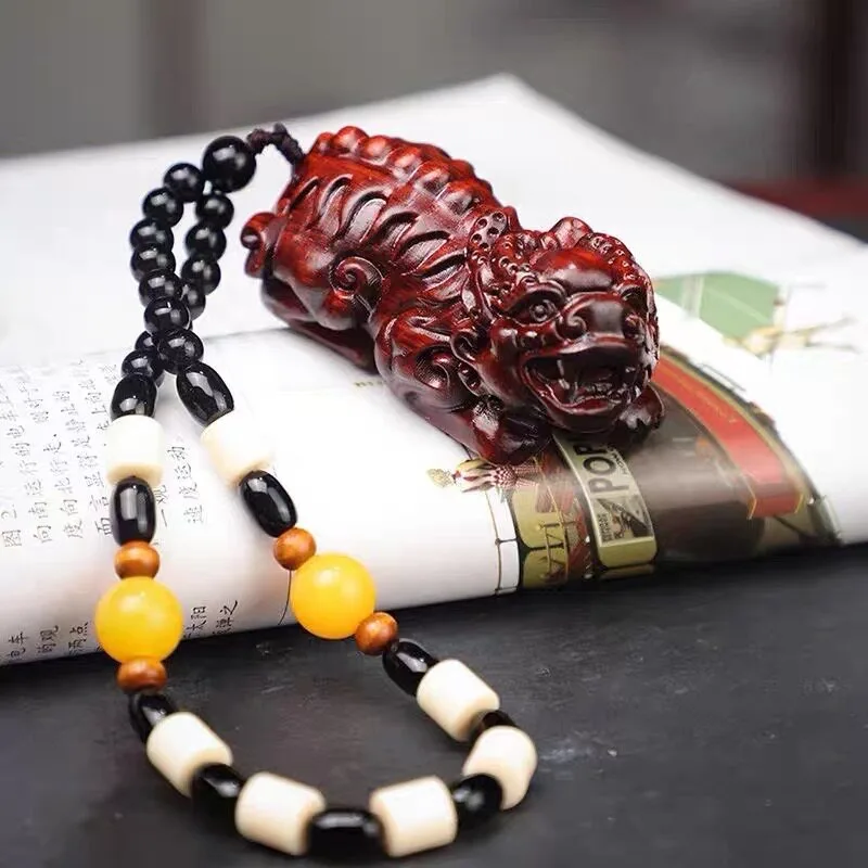 Wood Red Sandalwood Pixiu Hand Carving Palm Roller Buddhist Amulet Car Charm Ornament Desk Decor Collectible Gift for Men Women