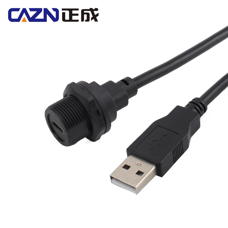 CAZN Receptáculo de montagem traseira micro USB fêmea para USB 2.0 macho cabo overmolded rosqueado à prova d'água IP67 IP68