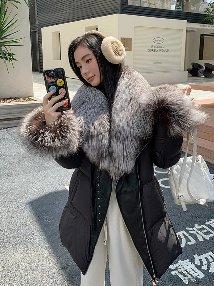 2023 Fashion Winter Women Goose Down Natural Silver Fox Fur Collar Coats Jacket Style Luxury Female Coats Puffer Jackets