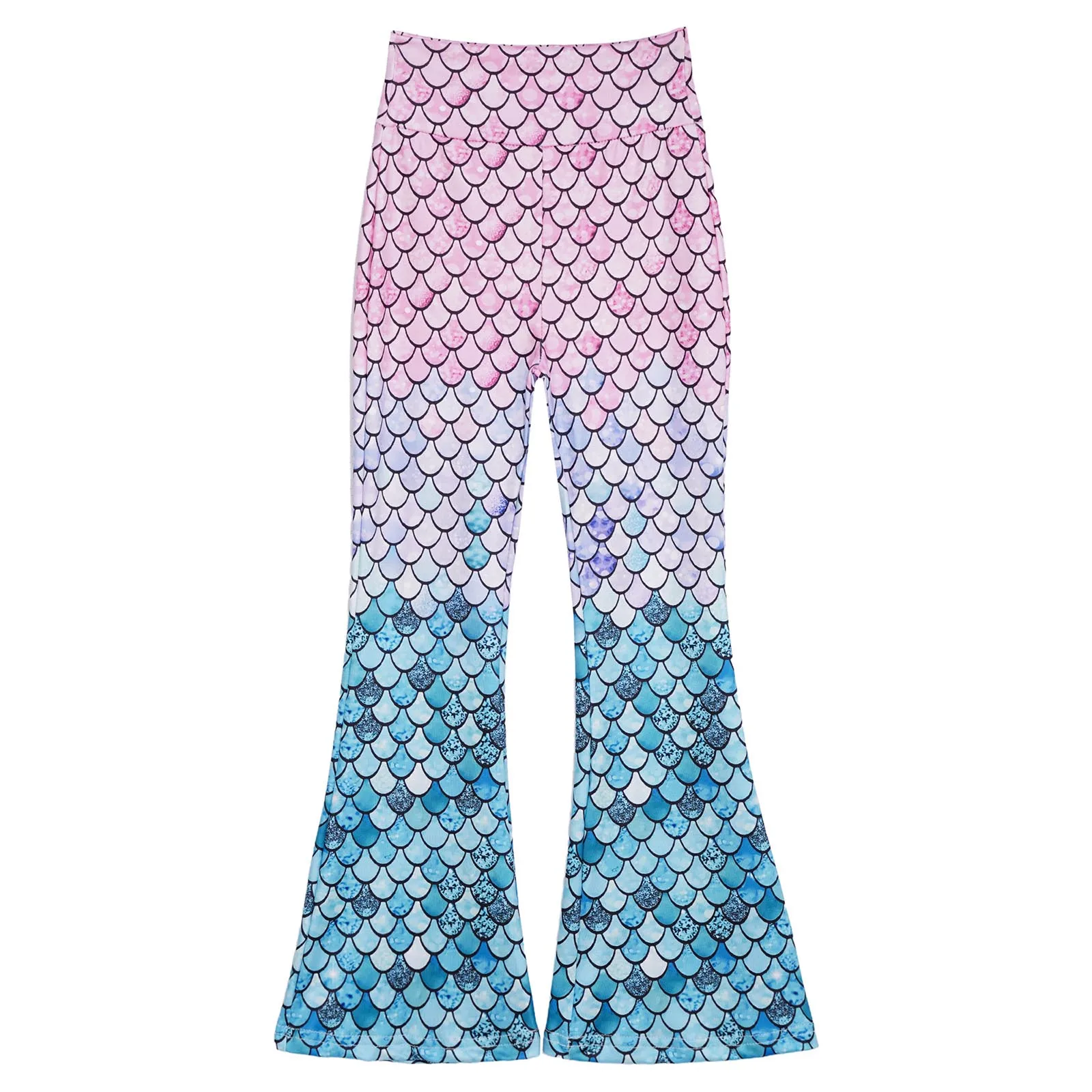 Mermaid Pants for Kid Girls Fish Scale Print Flared Long Pants High Elastic Waist Bell Bottom Legging Trousers Casual Streetwear