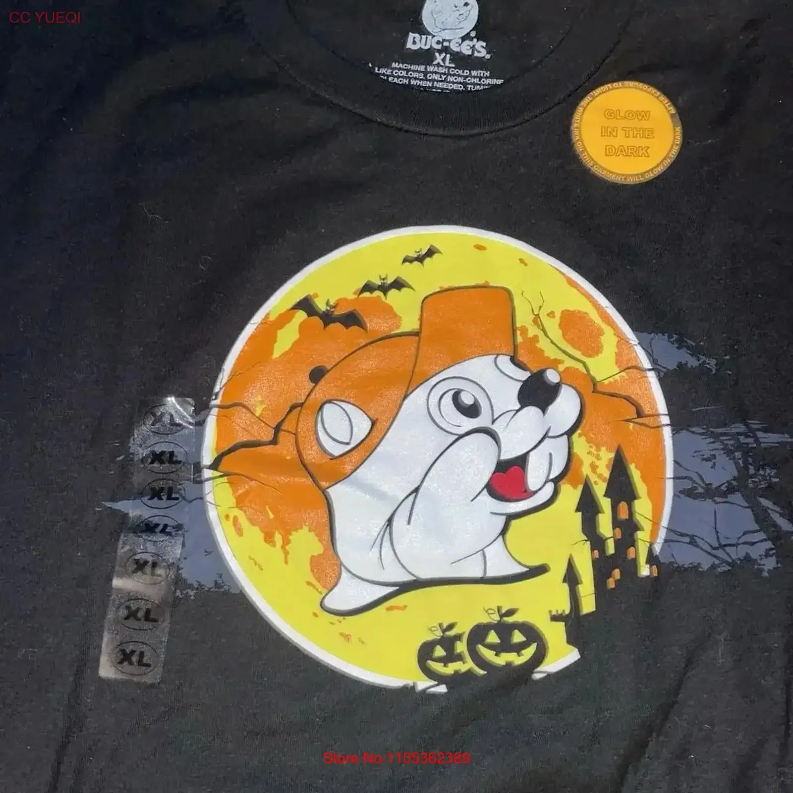 Camiseta Negra de Hombre Talla XL con Diseño 'Buc-ees Halloween Lets Boo This' que Brilla en la Oscuridad, Nueva, Estilo Vintage Lavado y Elástico, Versátil