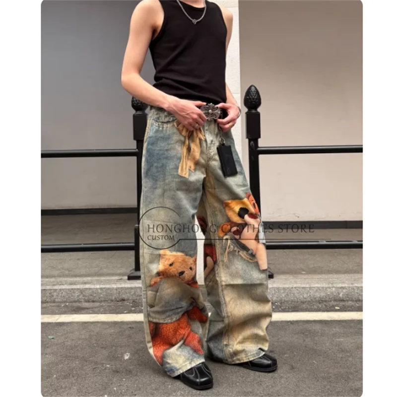 Pantalones vaqueros estilo americano vintage con estampado de oso, lavados y desgastados - pantalones de pierna ancha holgados y modernos para hombre y mujer