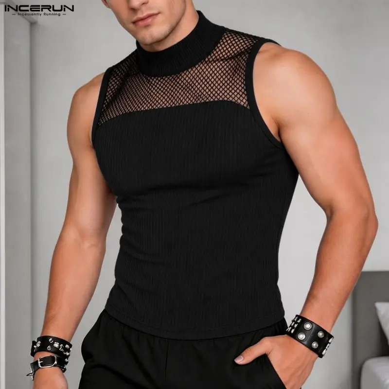 INCERUN Herren-Tanktops, Netz-Patchwork, durchsichtig, sexy Herrenwesten, Sommer-Rollkragenpullover, ärmellos, modisch, lässig, Herrenkleidung, Oberteile