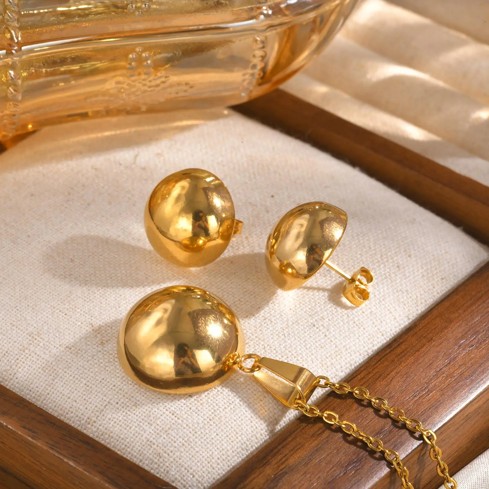 Womenn Jewelry Set Stainless Steel Hemispherical Ball Pendant Golden Necklace Earrings for Birthday Gifts
