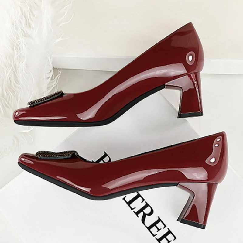 BIGTREE Temperament Women Profession OL 5cm High Heels Pumps Square Toe Patent Leather Crystal Buckle Decoration Lady Shoes view 2