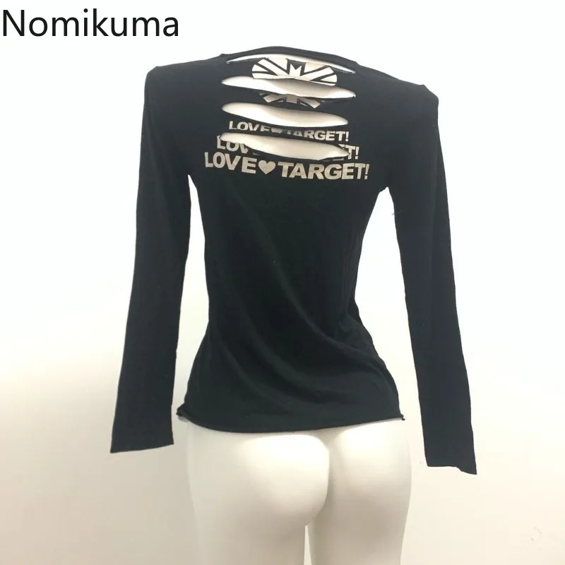 Harajuku Y2k Tops Fashion T Shirts for Women 2024 Ropa Mujer Streetwear Tunic Tees Long Sleeve Print Hollow Out Punk Tshirts