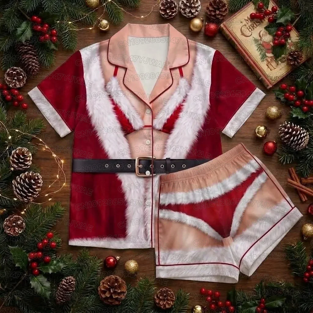 Women's Men's 3D Fake Abs Hairy Santa Pajama Funny Santa Fat Belly Ugly Christmas Pajamas Gag Gift Cute 3D Holiday Pajama