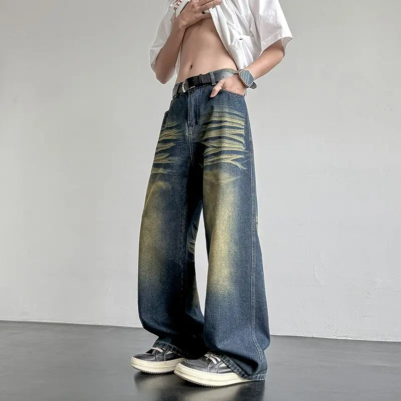 

Men's Four Seasons Laundry Floor Mopping Jeans Solid Color Retro Loose Straight Large Fashion Wide Leg Casual Long Pants