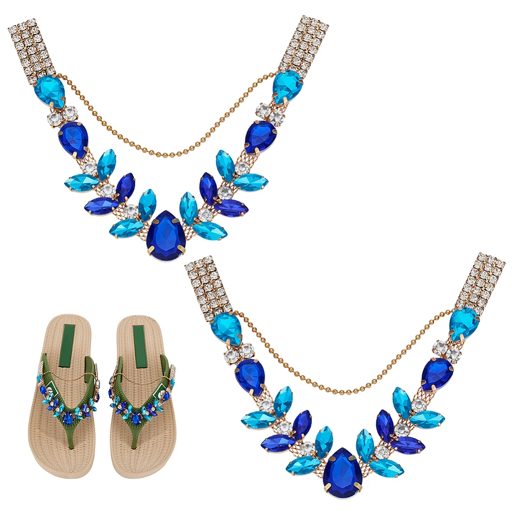 1 Pair Rhinestones Flip Flops Chains Bling Shoe Charms Shoes Decorations Alloy Acrylic Rhinestone Boot Strap Chain Blue/AB