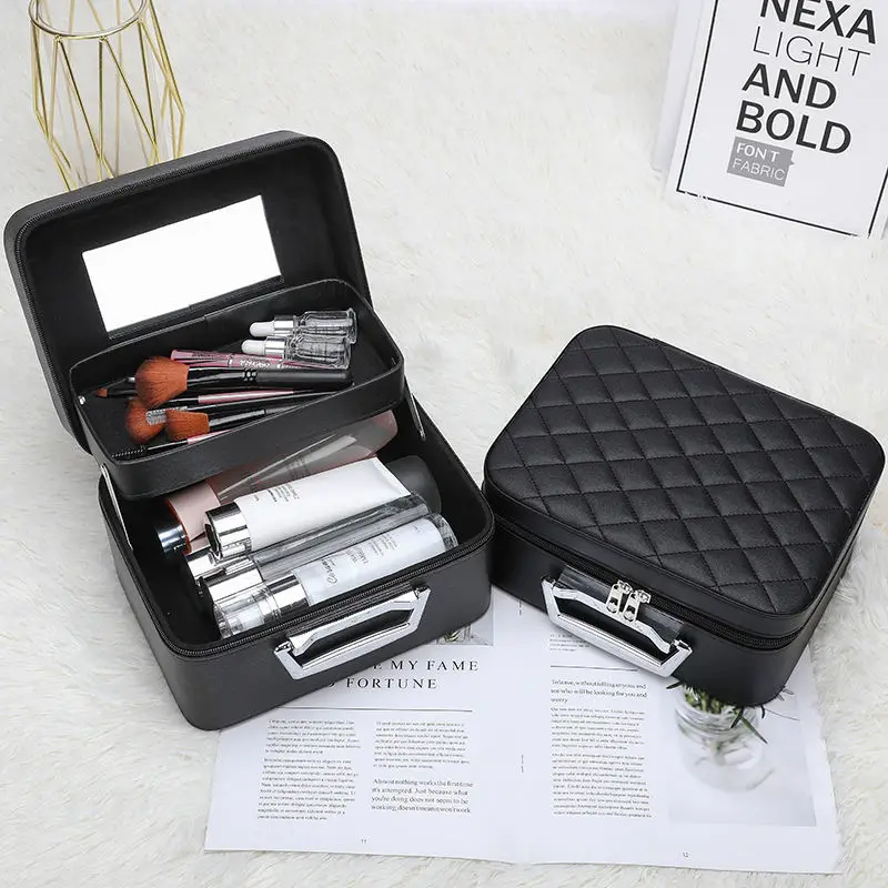 

Cosmetic Bag Large Capacity with Compartment Mirror Cosmetic Storage Bag Portable Travel Makeup Case