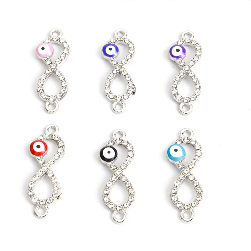 10pcs Infinity 8 Rhinestones Alloy Charm Connectors 10*27.3mm Lucky Evil Eye Enamel Metal Pendants DIY Jewelry Gifts Accessories