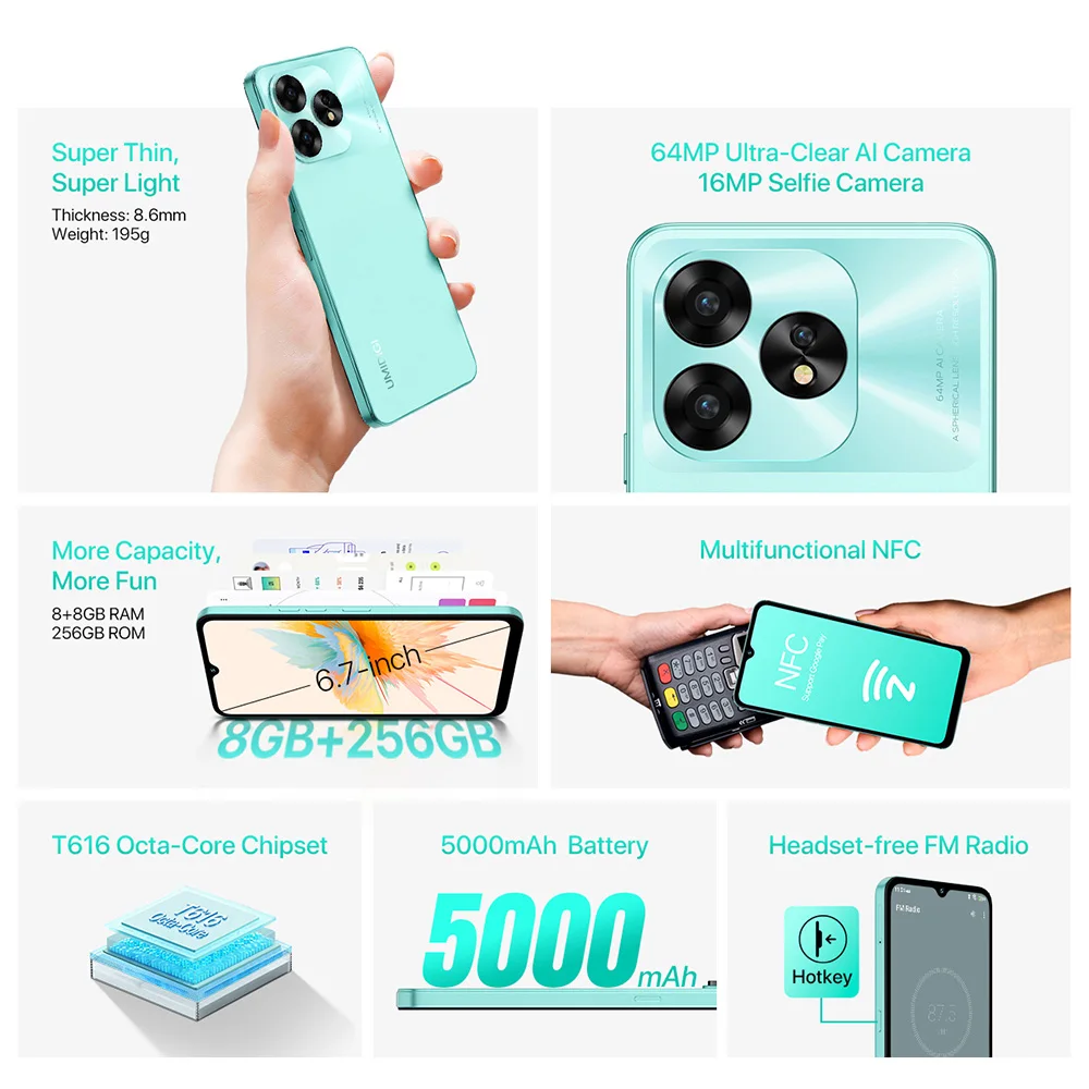 Imagem -02 - Smartphone Android 13 A15c Octa Core Nfc 6.7 hd Mais Tela Waterdrop 8gb 256gb 64mp 20w 5000mah Bateria Dual Sim Umidigi-a15