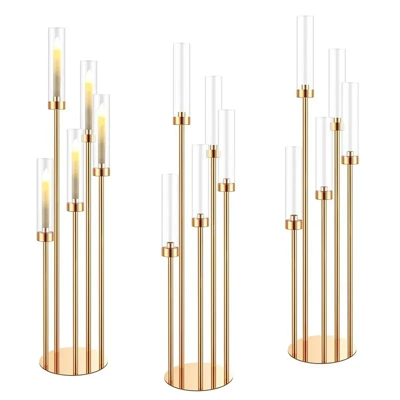 10pcs golden 5 Heads Metal Candelabra Candle Holders Road Lead wedding Table Centerpiece Candelabrum Stand Pillar Candlestick