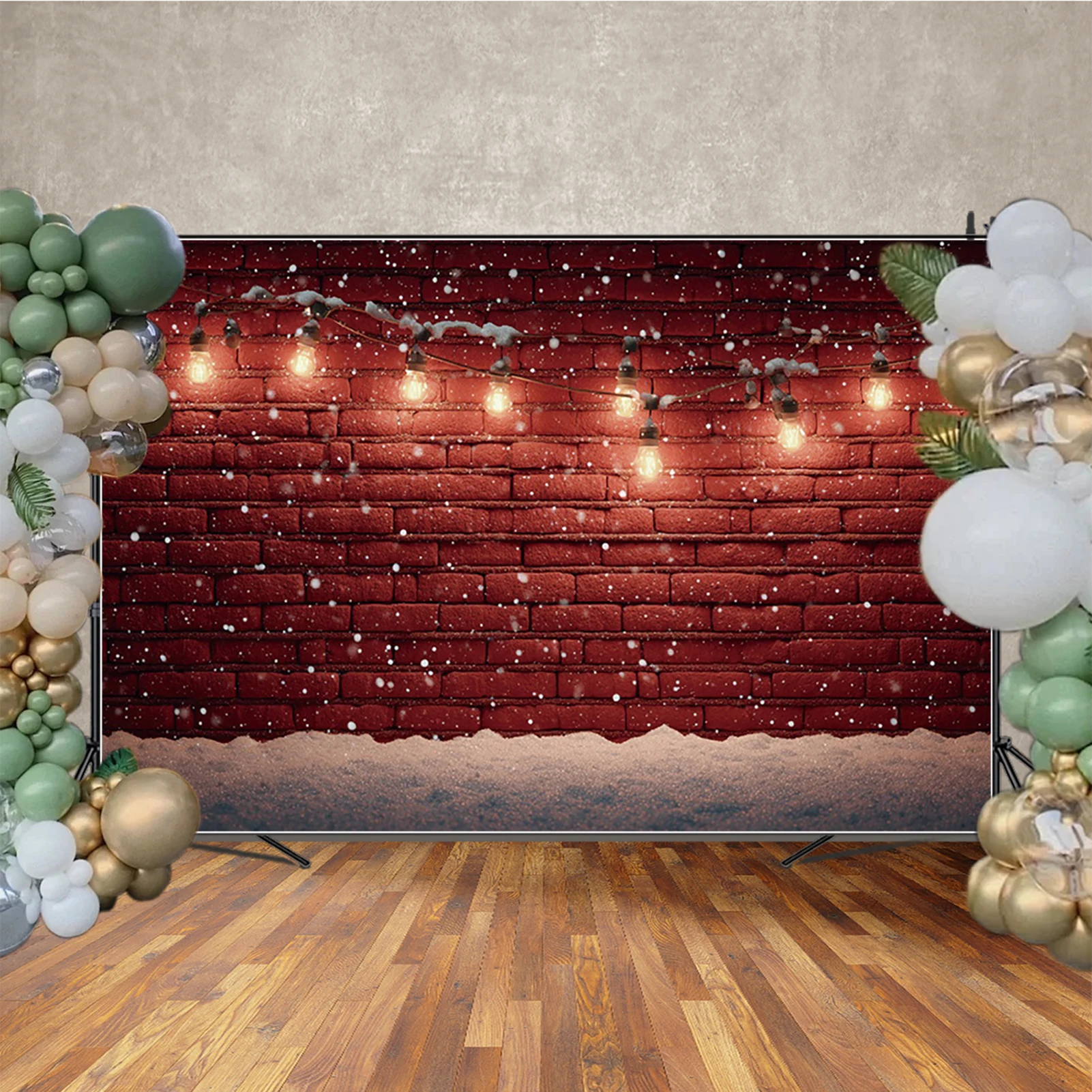 MOON.QG Red Brick Christmas Photography Background Snow Carpet String Light Backdrop Decoration Family Photo Studio Wallpaper