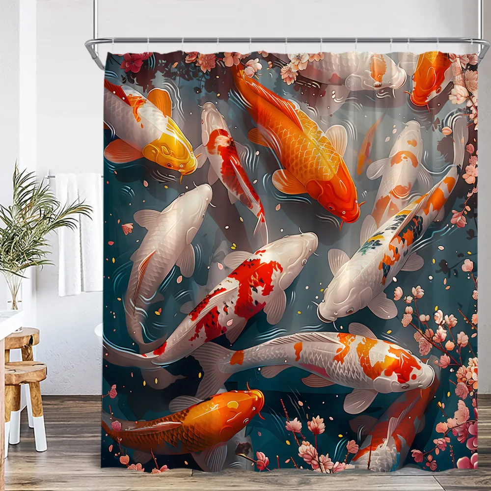 Red Koi Shower Curtain Carp Fish Lotus Leaf Pond Cherry Blossom Blessing Summer Nature Bathtub Decoration Polyester Bath Curtain